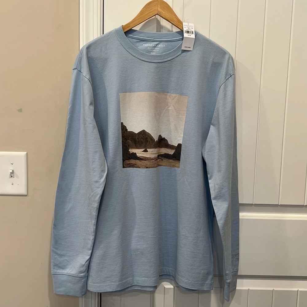 American Eagle Men’s Super Soft Crew Neck Long Sleeve Shirt Baby Blue Sz Medium